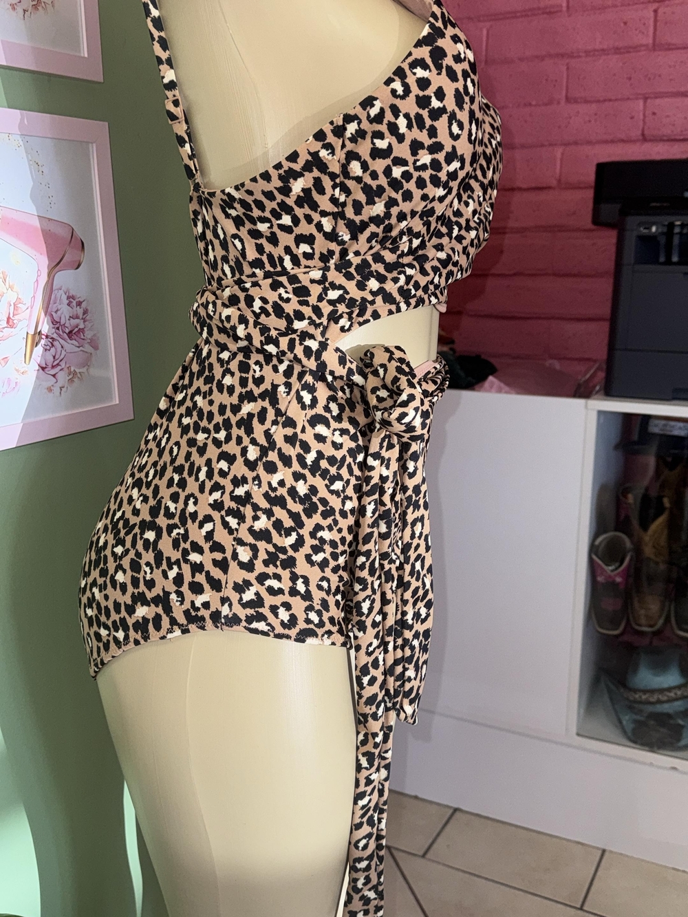 Leopard Print Tie-Waist Women's Dress - Beige/Black